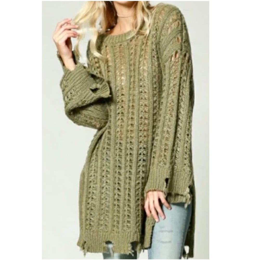 Kye Mi Olive Green Distressed Bell Sleeve Open Knit Sweater Size Small